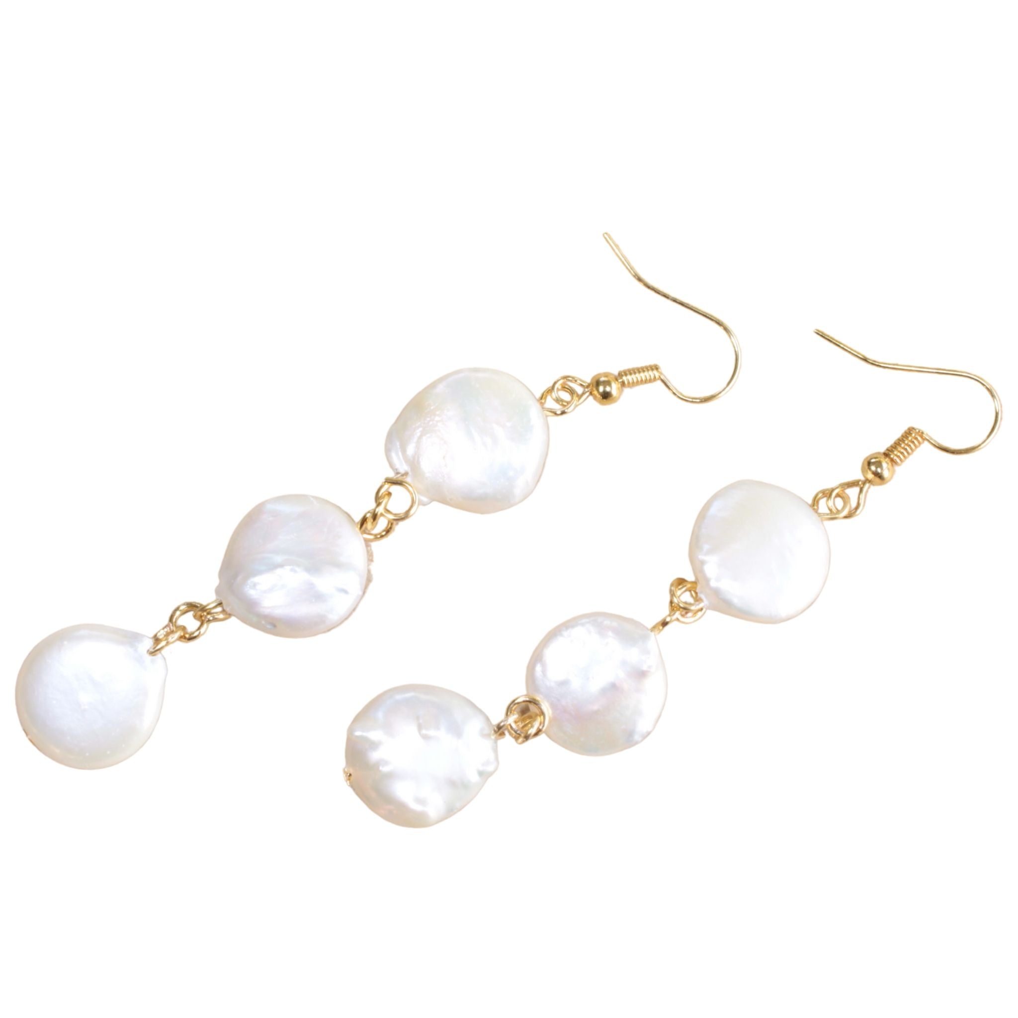 Gold Plated Hook Earrings with Freshwater Pearl Button Drop Pendant – Shell  & Thread
