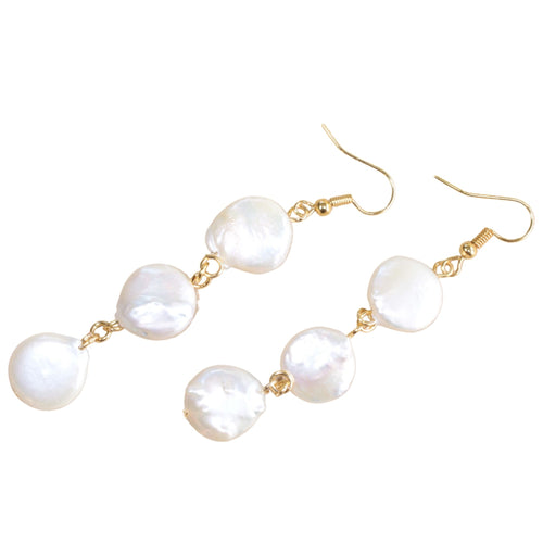 Gold Plated Hook Earrings with Freshwater Pearl Button Drop Pendant (Flat View)
