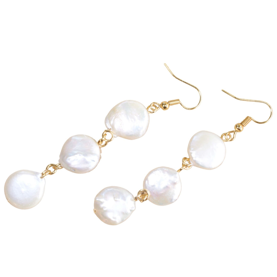 Gold Plated Hook Earrings with Freshwater Pearl Button Drop Pendant (Flat View)